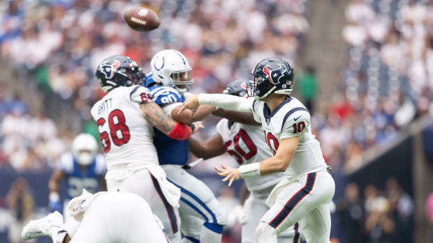 Houston Texans quarterback Davis Mills (10) throws a pass against the Indianapolis Colts.